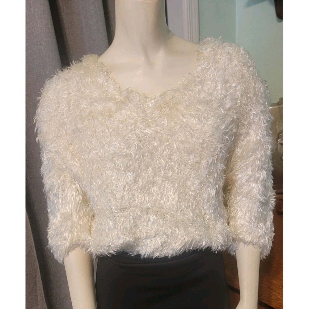 Vtg 90s Side Effects Ivory Hand Knit Fuzzy Eyelash Sweater Women Size M Y2K